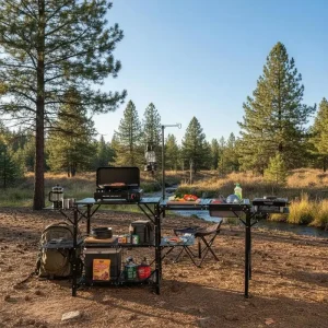 Folding Camping Kitchen of50 x 50x cm Aluminum structure, 5 Counttops, removable sink + transport bag, for camping BBQ p