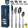24pcs Gold Dinnerware Set Steel Tableware Set Knife Fork Spoon Flatware Set Cutlery Set Knife Fork Spoon Tea Spoon