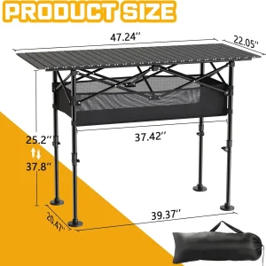Height Adjustable Outdoor Folding Camping Table With Mesh Storage/Carrying Bag Portable Roll-up Table For Party Backyard BBQ