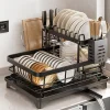 2Tier Kitchen Dish Rack Large Capacity Storage Organizer with Drainboard Utensil Holder Cup Hooks Foldable for Space Saving